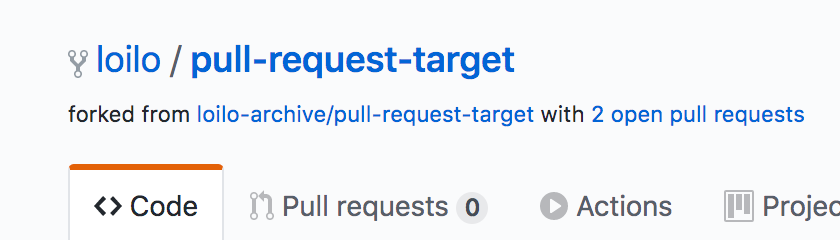 Head area of the loilo/pull-request-target repo with the secondary headline stating "forked from loilo-archive/pull-request-target with 2 open pull requests" with the "2 open pull requests" part as a link