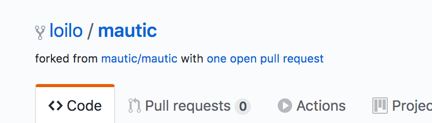 Head area of the loilo/mautic repo with the secondary headline stating "forked from mautic/mautic with one open pull request" with the "one open pull request" part as a link