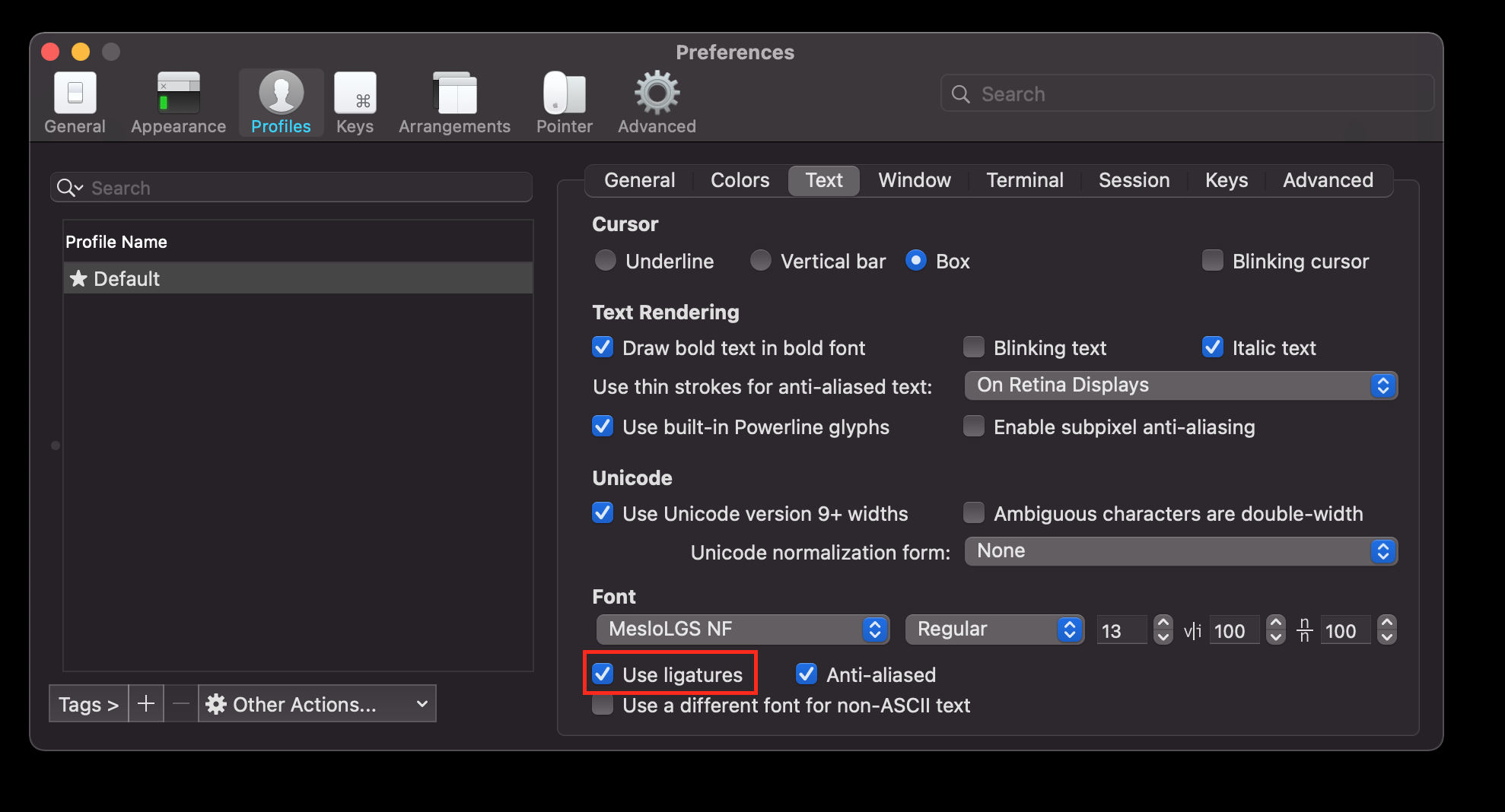 Ligatures not showing on MacOS 11 BigSur beta/iTerm2 · Issue 1037