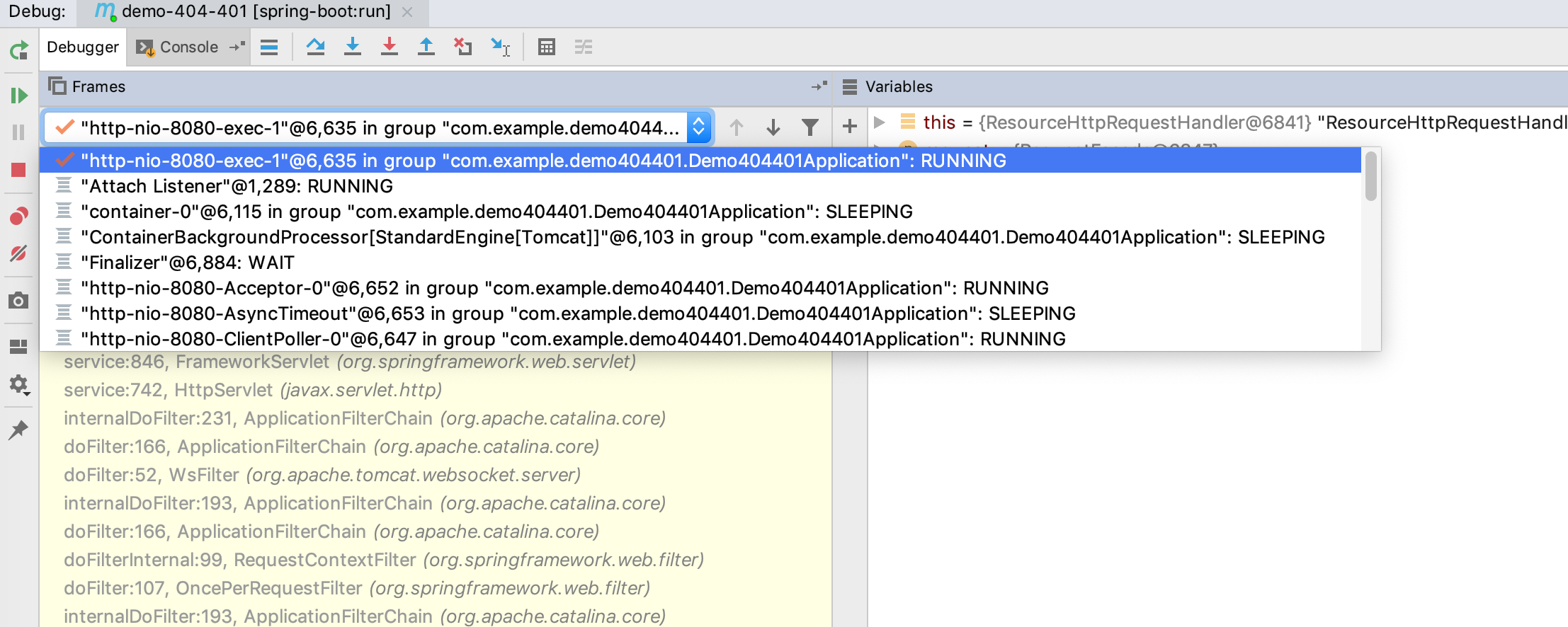 screenshot of call stacks in drop-down box