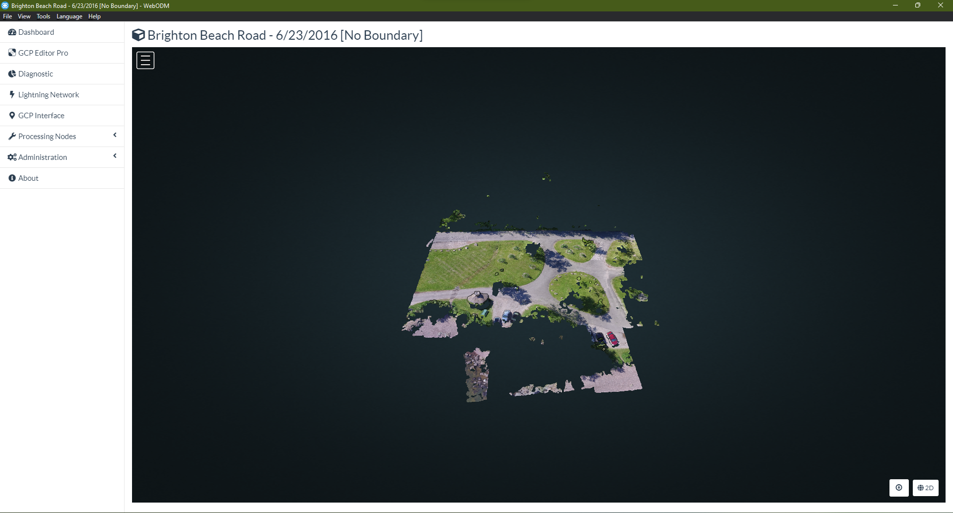 WebODM displaying the full reconstruction of the Brighton Beach dataset Point Cloud.