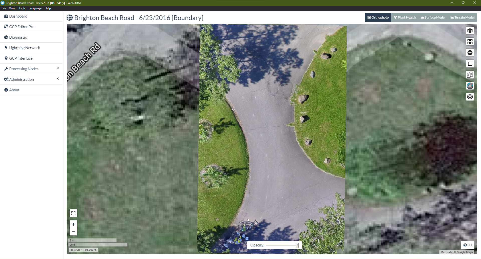 WebODM displaying the "clipped" reconstruction of the Brighton Beach dataset Orthophoto.