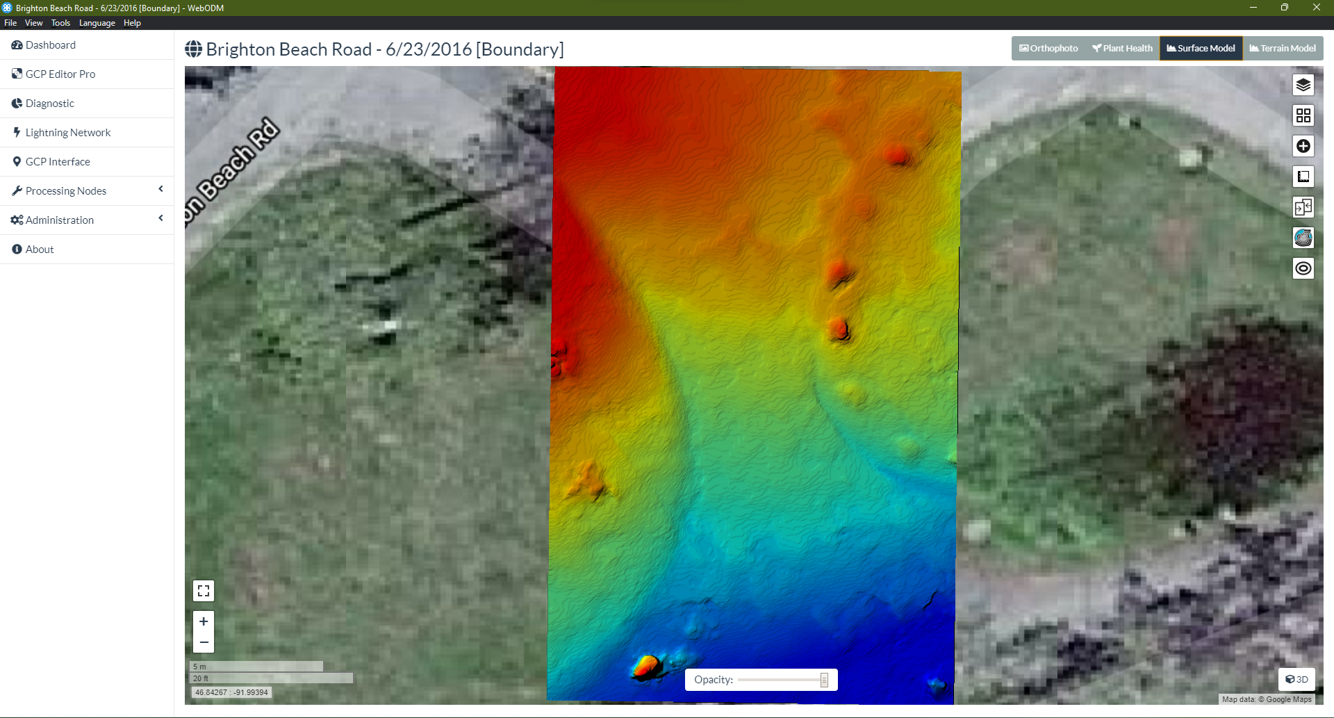 WebODM zobrazující "oříznutou" rekonstrukci digitálního modelu reliéfu datové sady Brighton Beach.