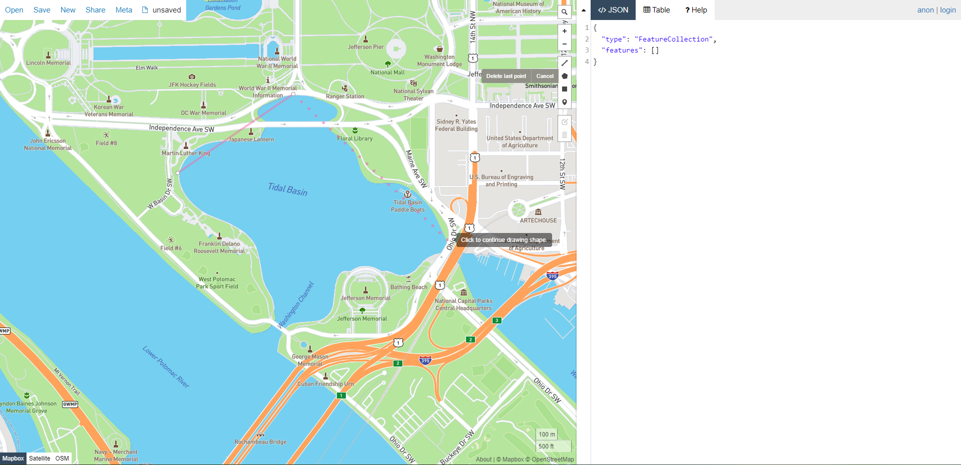 Placing verticies in the Map View to create the boundary GeoJSON.