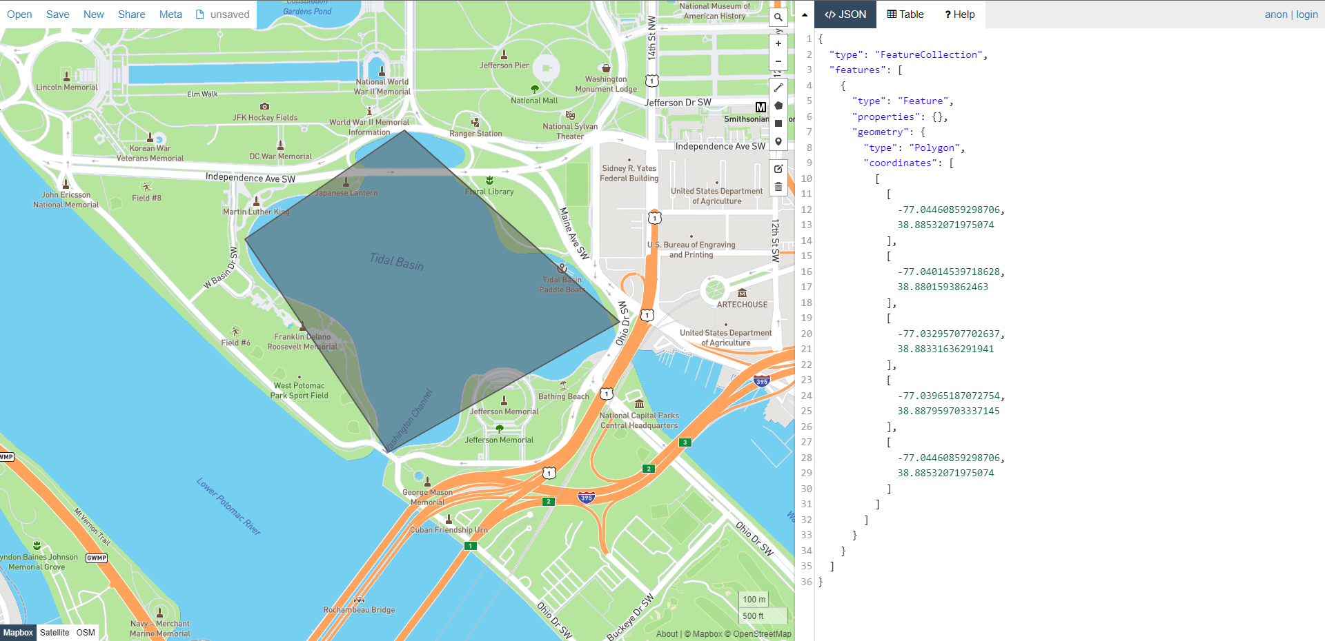 Completed polygon in the Map View and GeoJSON text view.