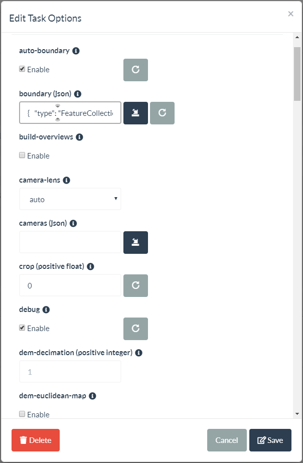 Task Options preview showing loaded Boundary with GeoJSON text.