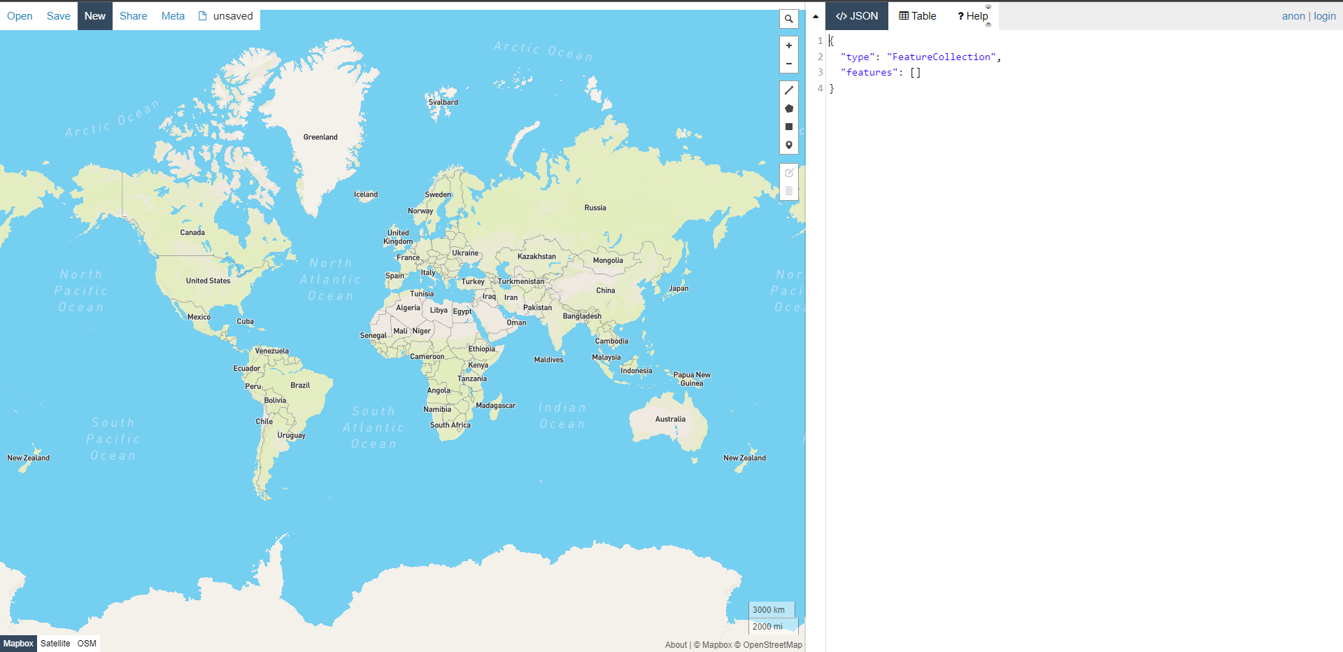 Rozhraní GeoJSON.io s prázdnou mapou GeoJSON a textem.