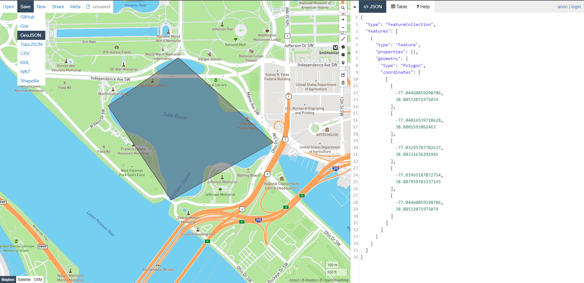 Uložení polygonu pomocí nabídky Uložit a volby GeoJSON.