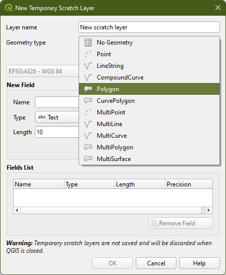 Setting "Polygon" as the Geometry Type for the Temporary Scratch Layer.