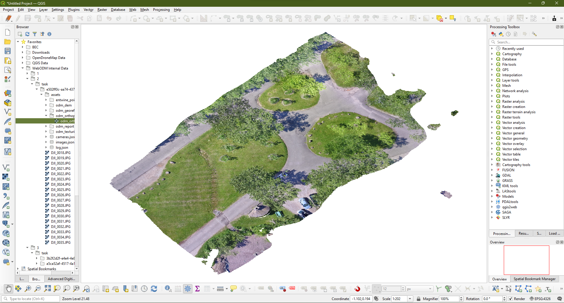 Browsing to a generated Orthophoto from WebODM that covers the Area Of Interest (AOI).