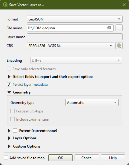 The "Save Vector Layer As" dialog showing Format as GeoJSON, an example of a valid File Name and path, CRS of EPSG:4326 and other default options.