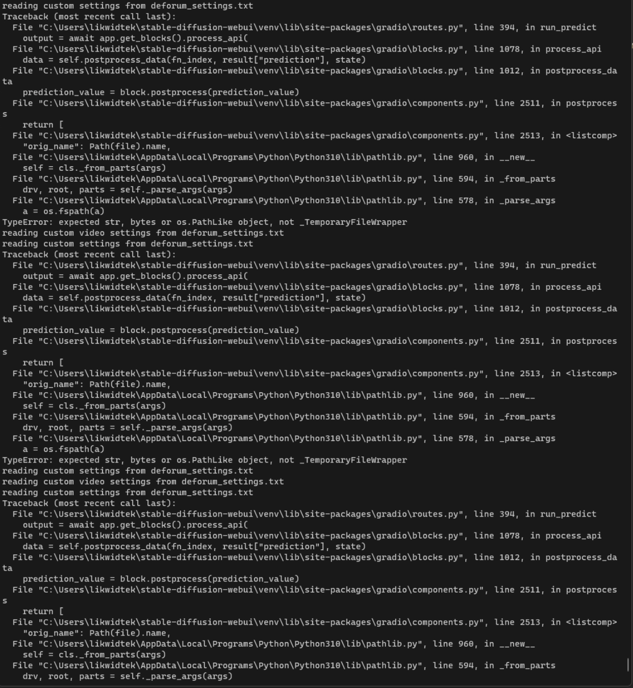Errors in sdwebui / Deforum when attempting to "loadallsettings