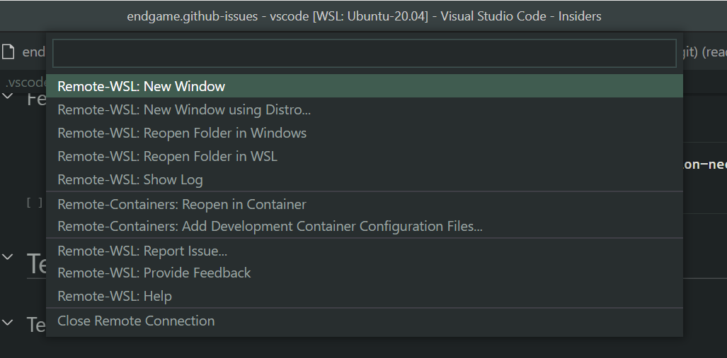 Remote wsl reopen folder in wsl not available in command palette if