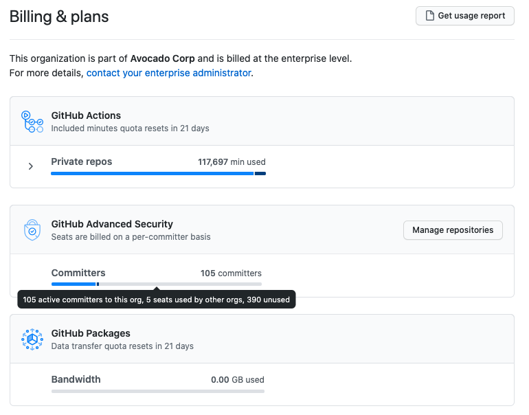 Screenshot of Advanced Security committer counts in the Billing page