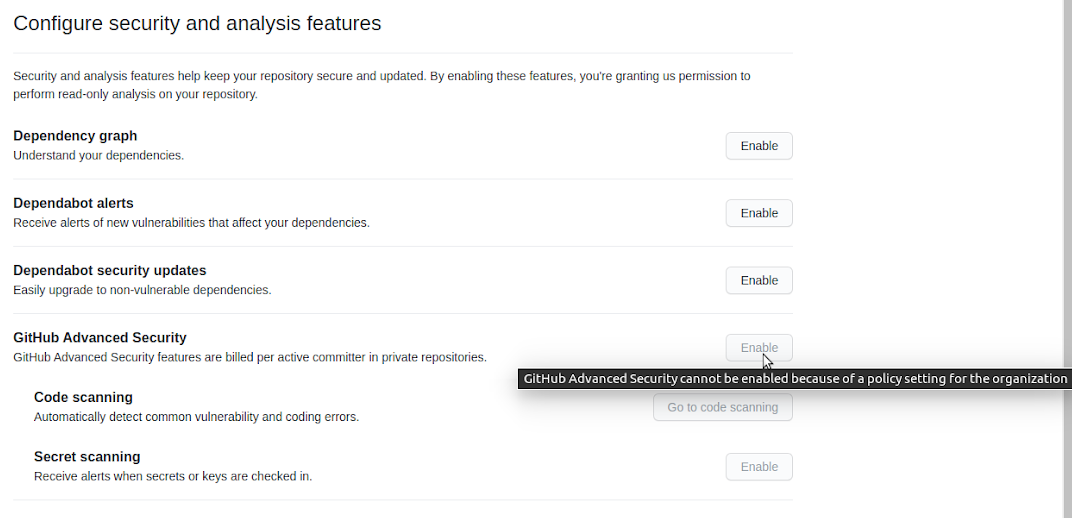 Screenshot of Advanced Security disbaled due to a policy setting
