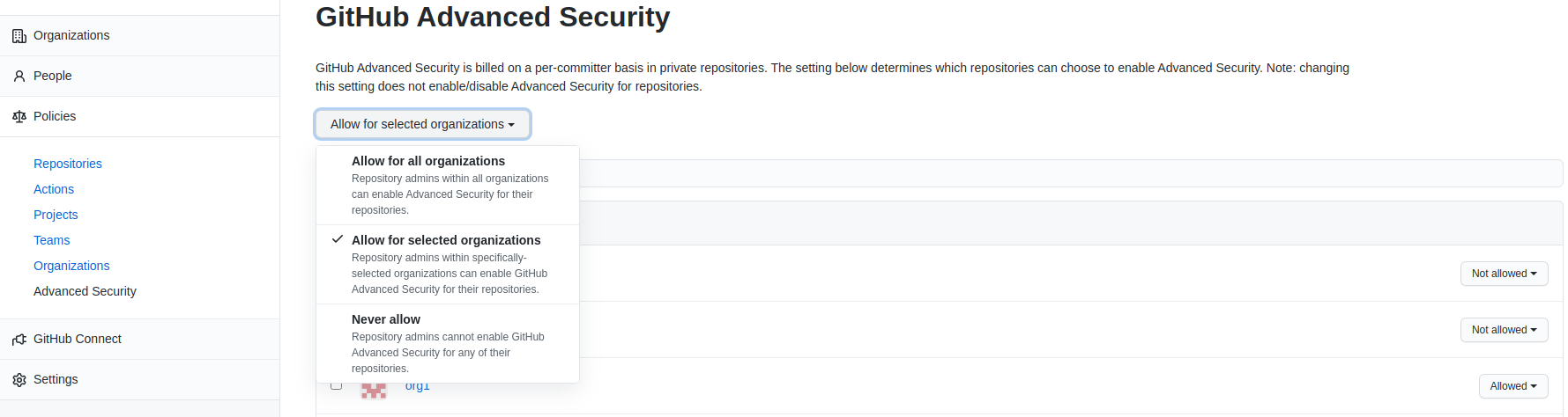Screenshot of Advanced Security policy settings in the Billing page