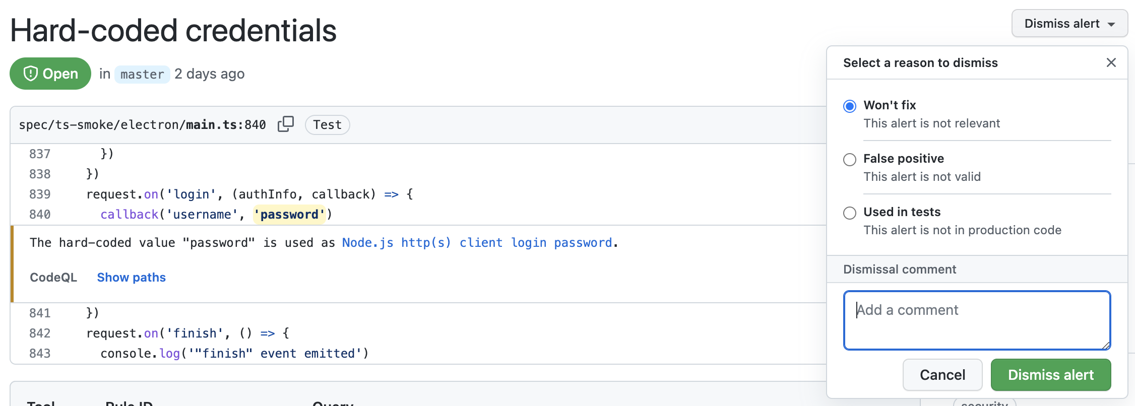 Add a dismissal comment to a code scanning alert