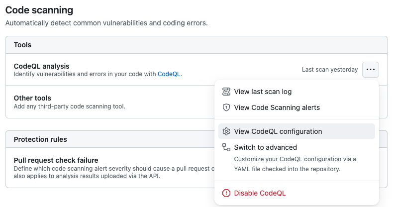 Code scanning default setup view configuration