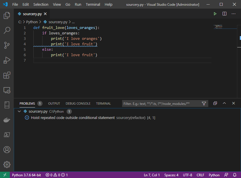 Sourcery only providing suggestions in Windows when run as ...