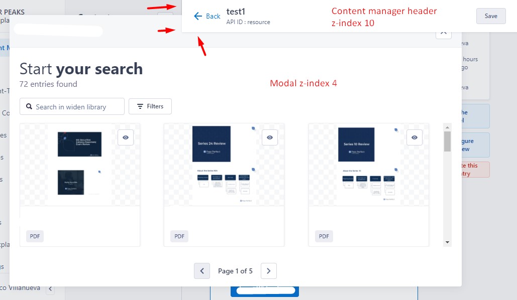 The contentmanager header has a zindex of 10 while the modal has a z