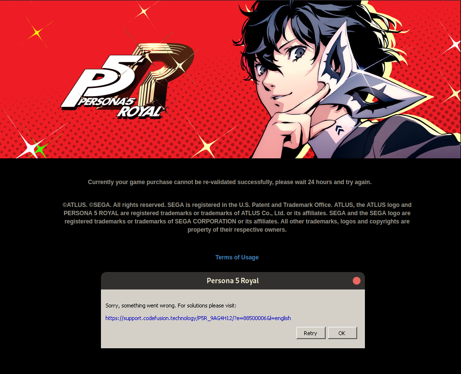 Screenshot showing a message from Denuvo telling me to wait 24 hours before playing again