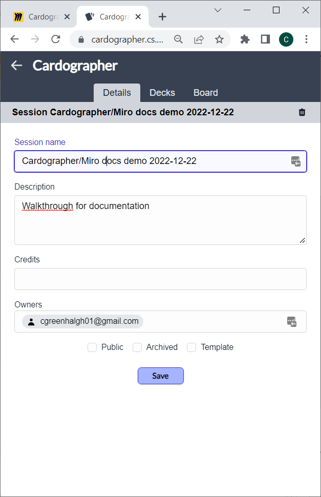 cardographer session details
