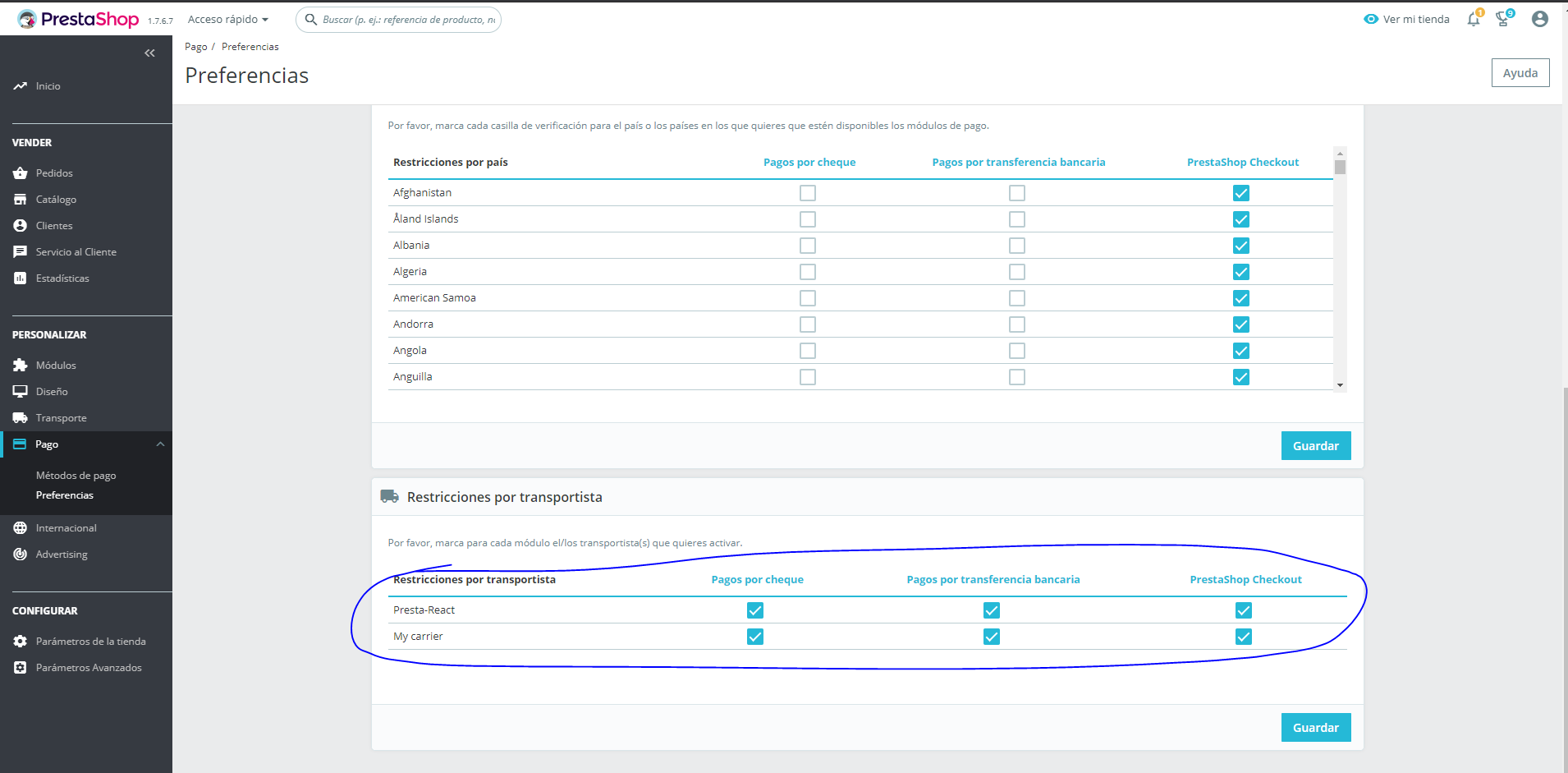 You cannot specify different payment module options on carriers with ...