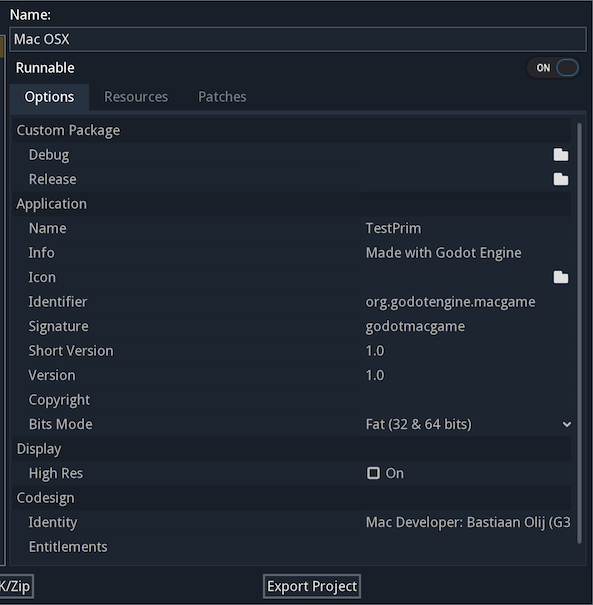 On OSX export to DMG and optionally code sign the app bundle by ...