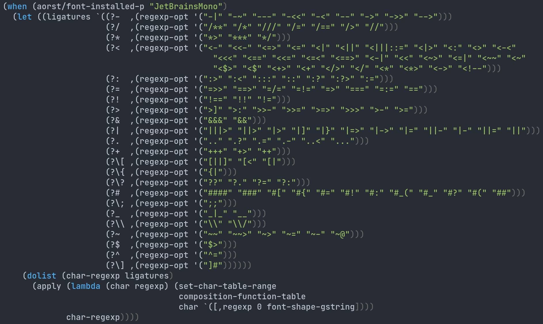 Some ligatures are missing in various editors (Emacs, Atom, Idea