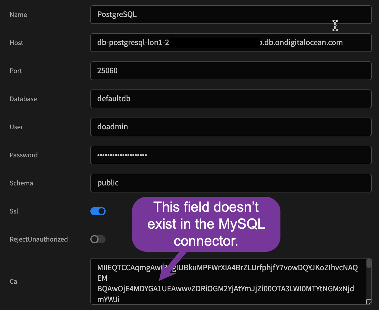 Adding a MySQL DB with SSL required, struggling to add the CA ...