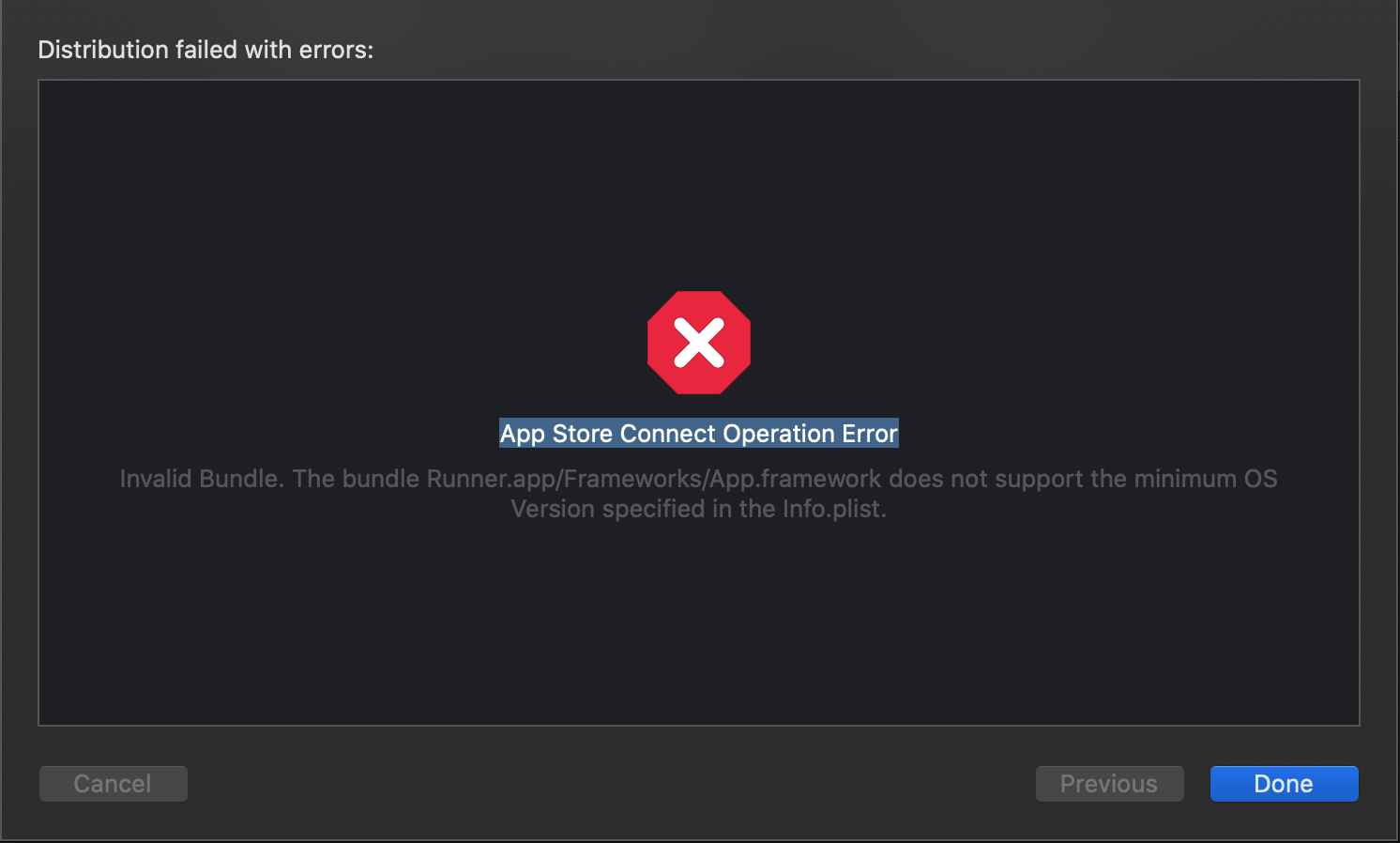App Store Connect Operation Error. Invalid Bundle. The bundle Runner