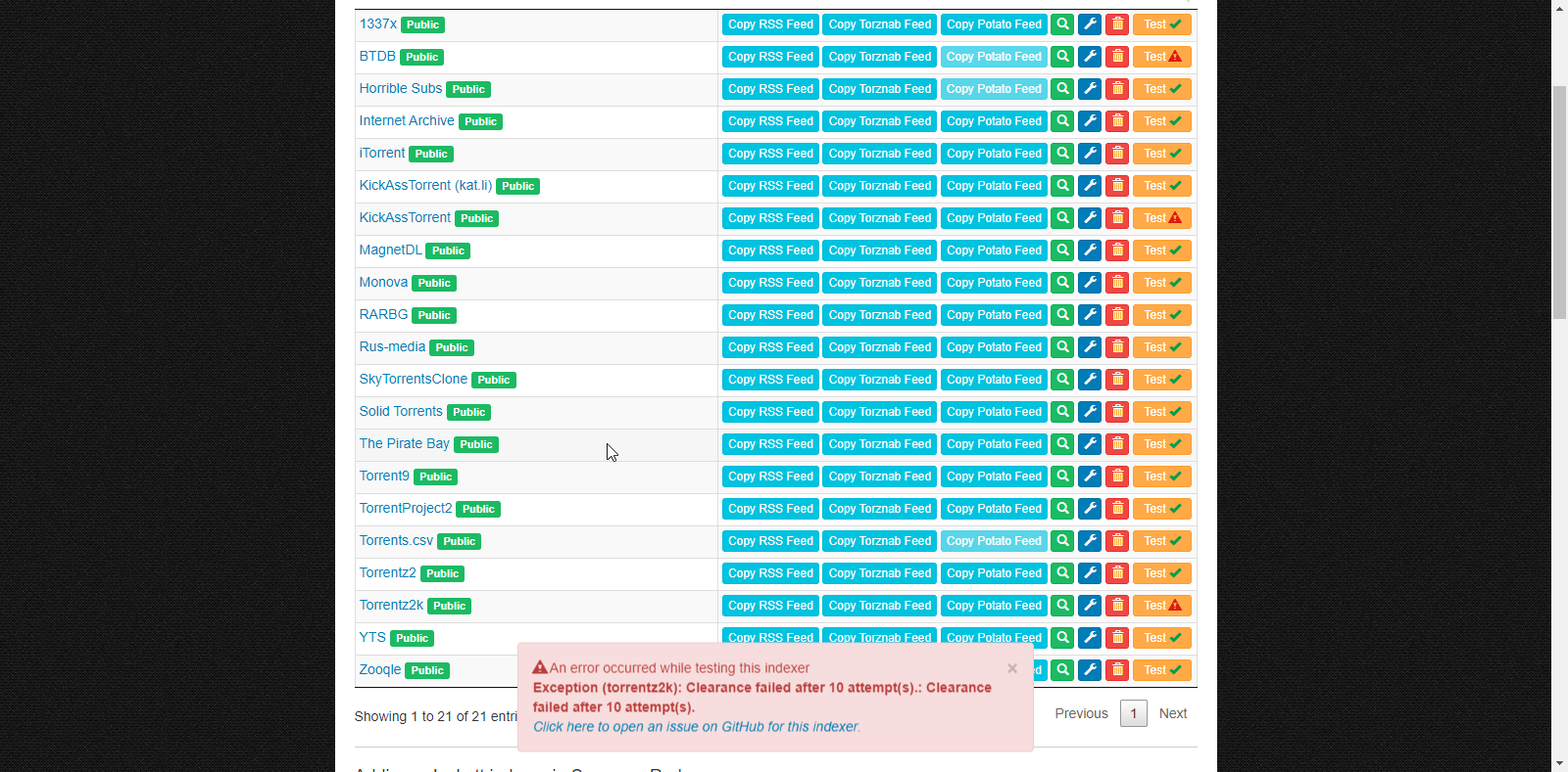[torrentz2k] Exception (torrentz2k) Clearance failed after 10 attempt(s