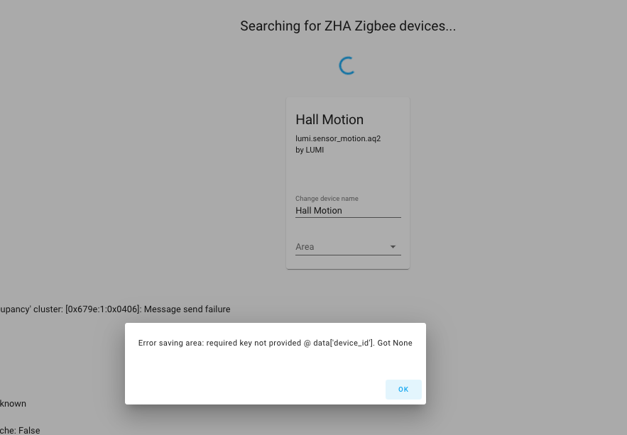 ZHA adding new device Required key not provided device_id. Got None