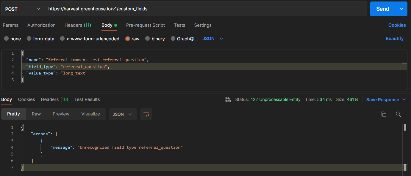 [Harvest API] POST https//harvest.greenhouse.io/v1/custom_fields