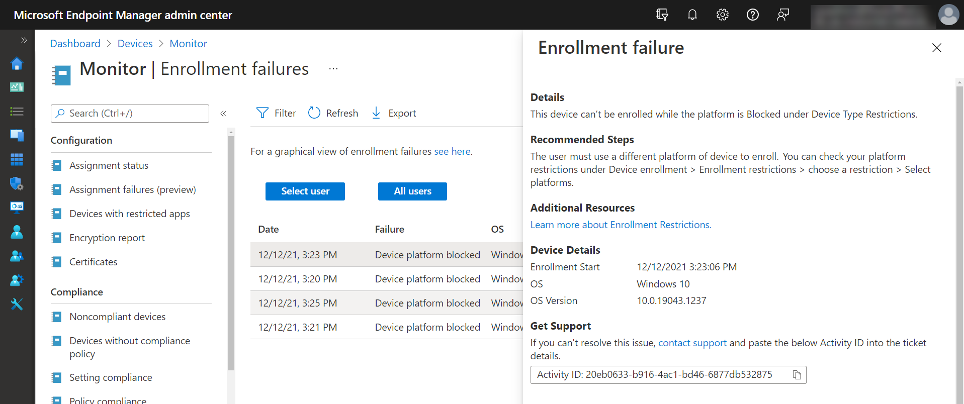 Example image of the Device enrollment page, Enrollment failures report, showing the enrollment failure details for a selected row.