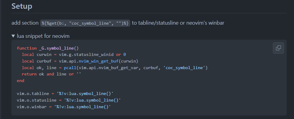 配置是要加到哪里的呢？ · Issue #9 · xiyaowong/coc-symbol-line · GitHub
