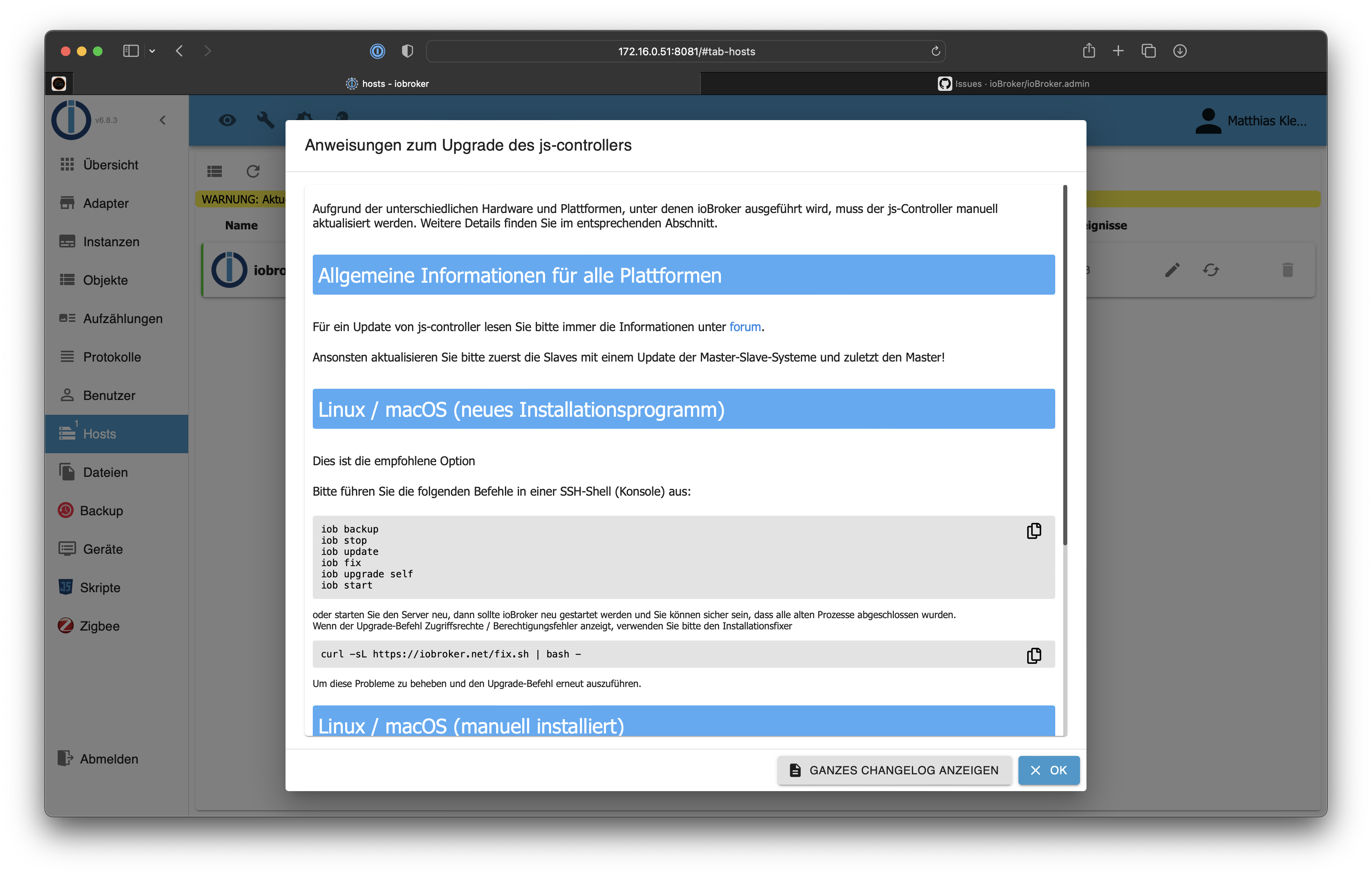 Unable to close "upgrade jscontroller" dialog · Issue 2052 · ioBroker