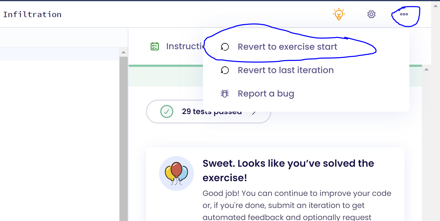 Screenshot of website editor on exercism.org showing how to reset an exercise