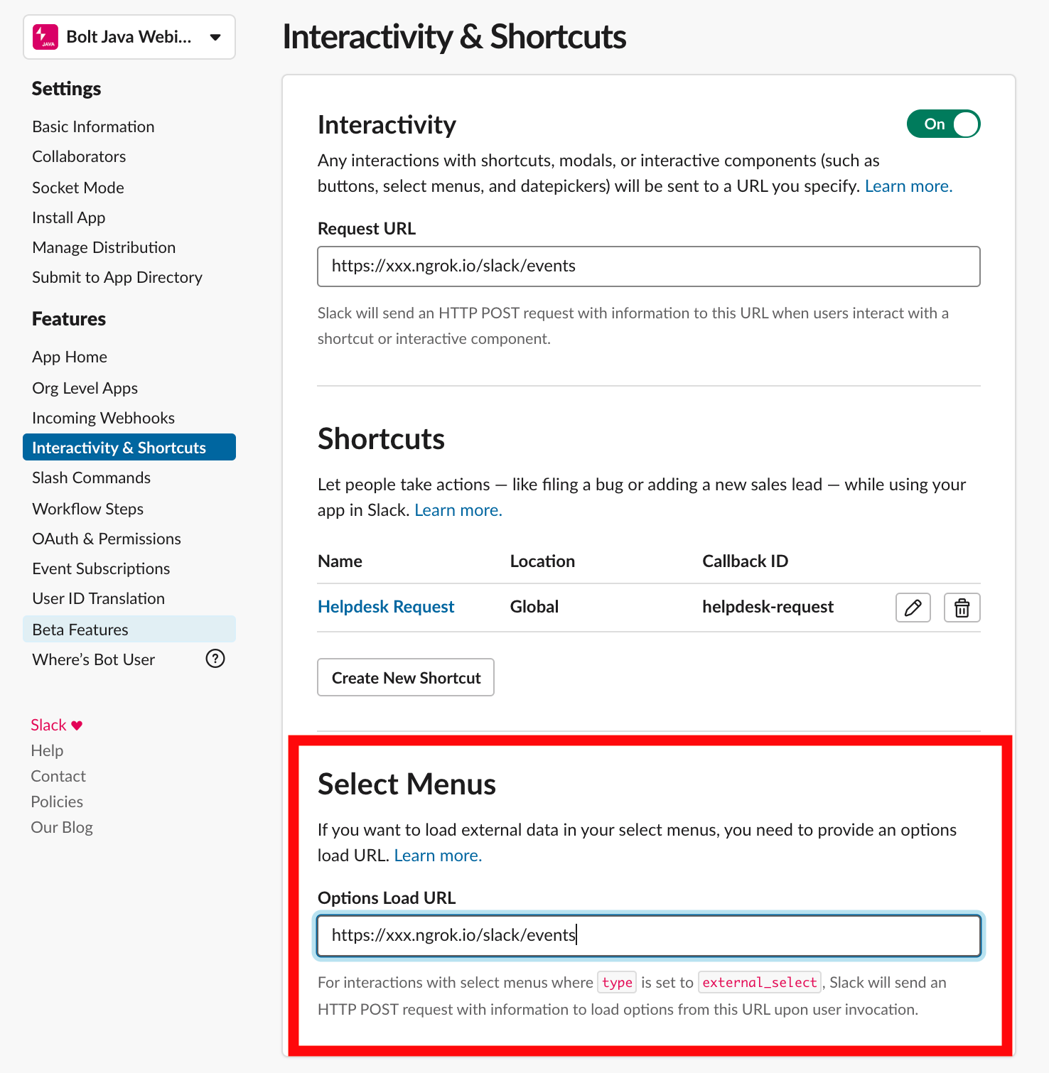 Listening to action on select in home tab using Bolt js results in 404 ...