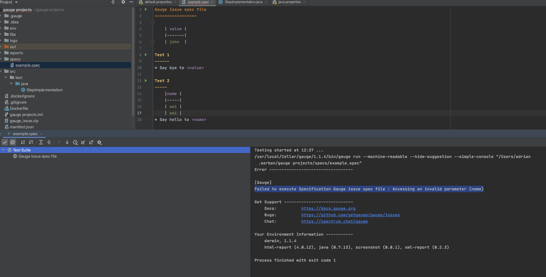 [gauge][java] Accessing an invalid parameter (name) when using spec