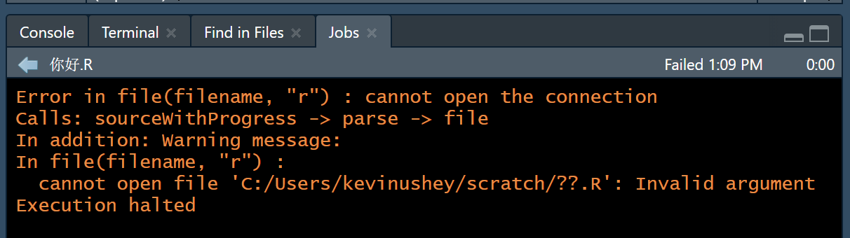 Sourcing an open script file as a job fails if the path contains non ...