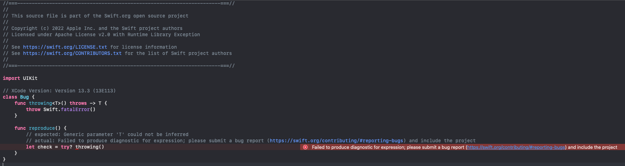 Failed to produce diagnostic for expression on a throwing function with