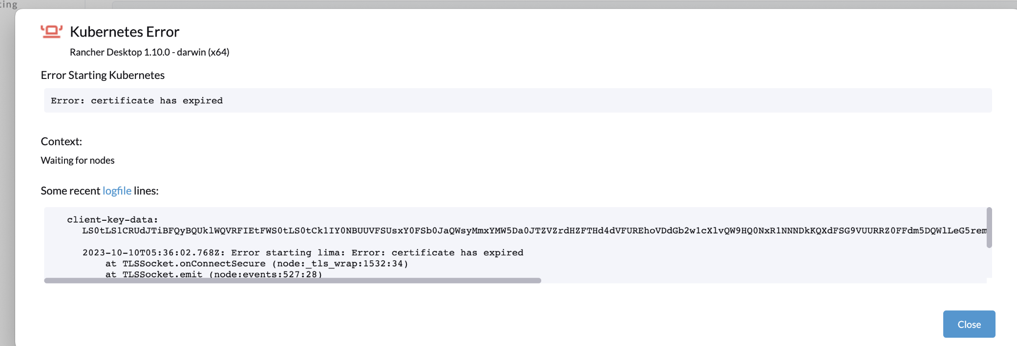 certificate has expired error occured when i started Rancher Desktop ...