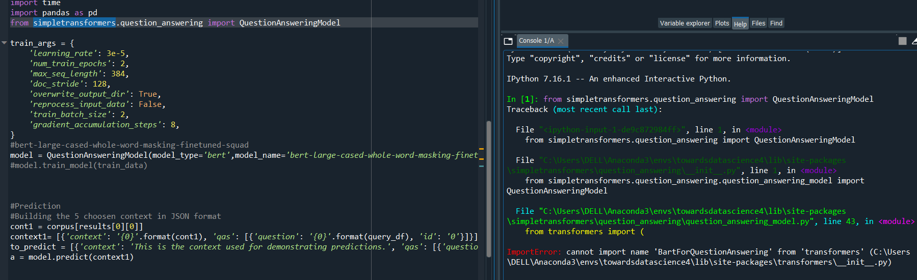 python - transformer: error importing packages.... I am getting (ImportError: cannot import name 'BartForQuestionAnswering ...