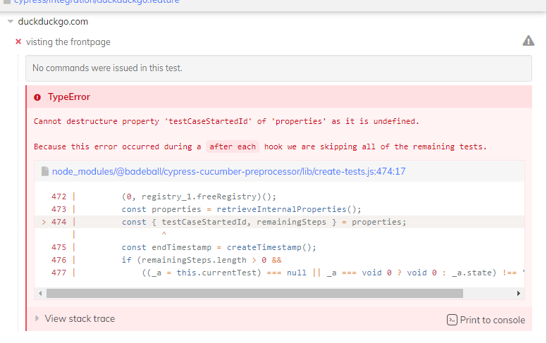 Cannot destructure property 'testCaseStartedId' of 'properties' as it ...