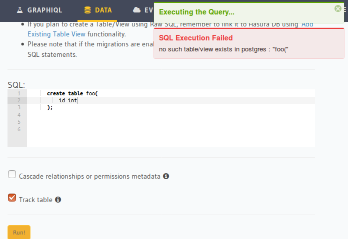 Track table with Run SQL query fails if the table name is immediately ...