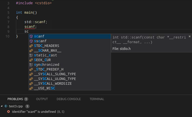 std::scanf appears in global completion results even though it isn't ...
