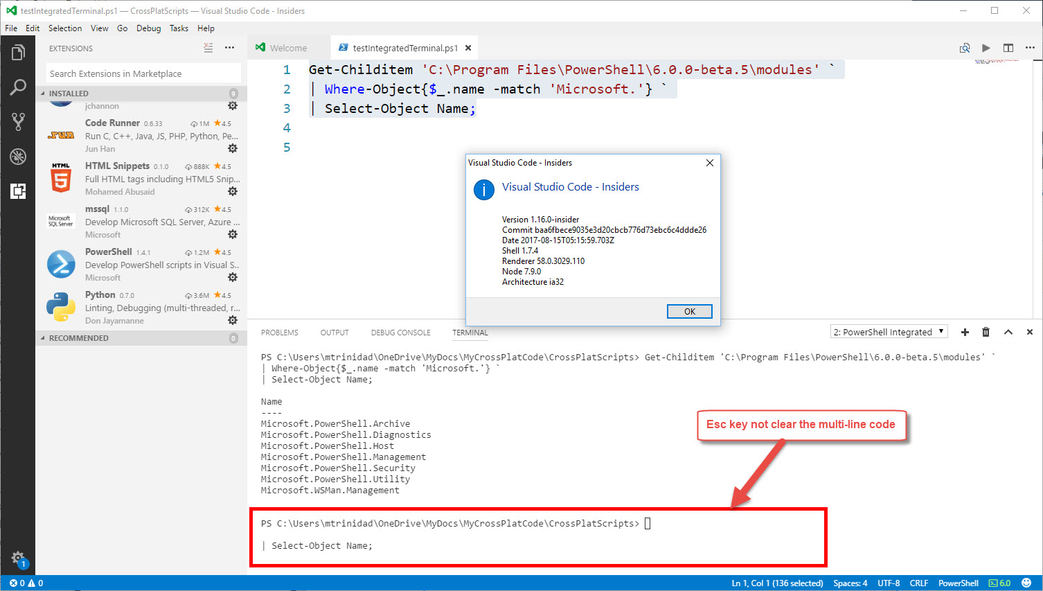 VSCode - Integrated Terminal not clearing multi-lines entry when ...