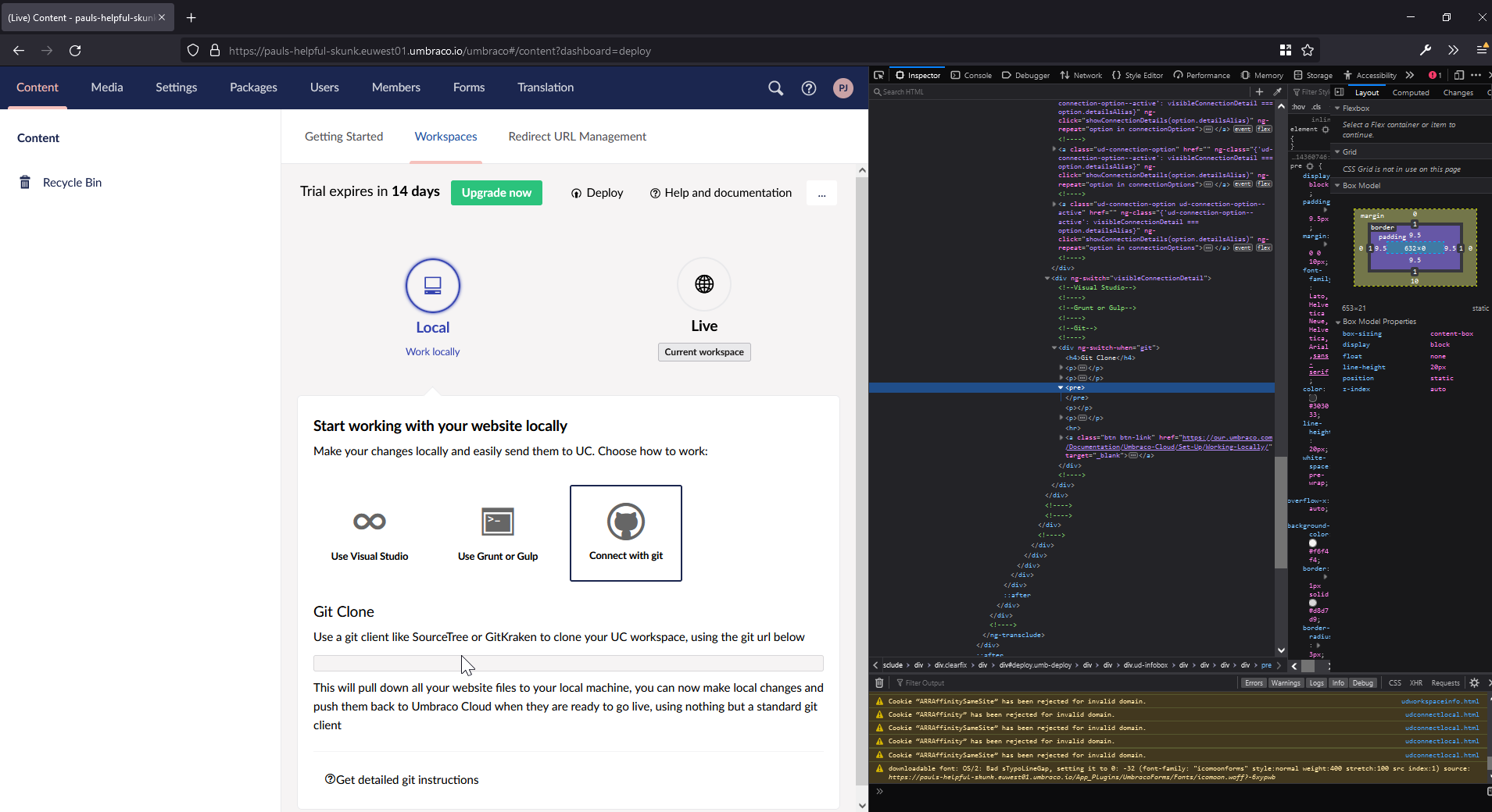 Git url isn t available from the workspaces dashboard issue 503