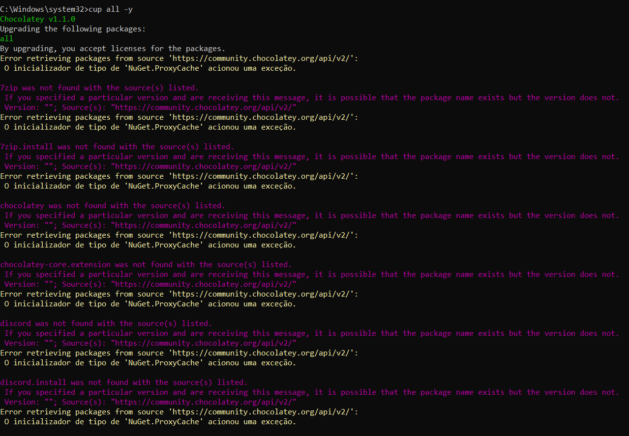 when i try to update my packages: was not found with the source(s ...